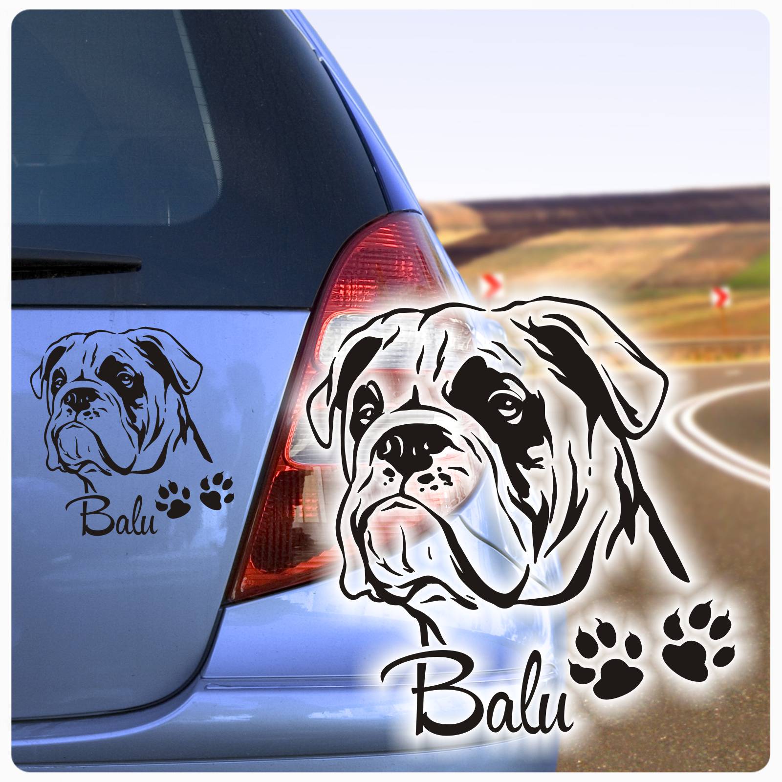 Autoaufkleber Englische Bulldogge Name clickstick Aufkleber Hund Pfoten