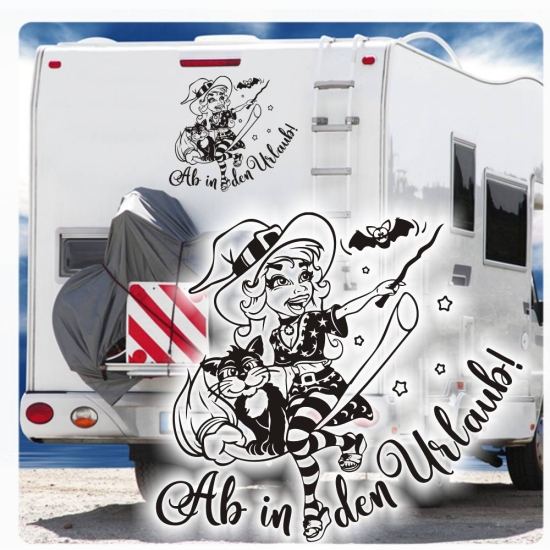 Wohnmobil Aufkleber Ab in den Urlaub Hexe Katze WoMo Caravan Aufkleber Sticker WoMo250
