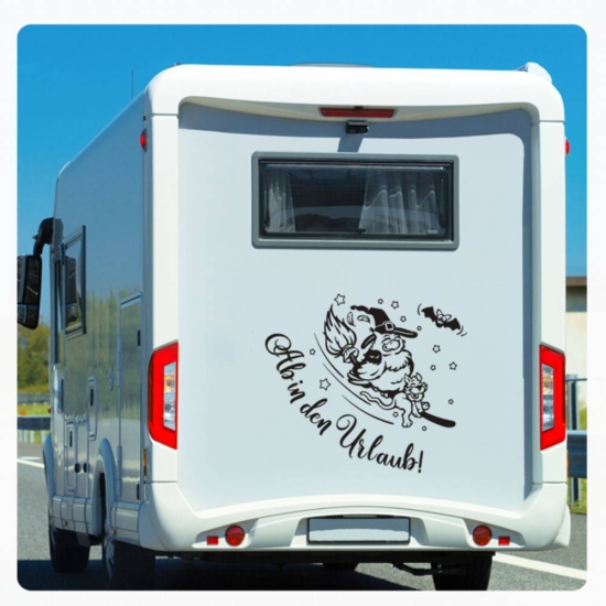 Wohnmobil Aufkleber Ab in den Urlaub Hexe Katze WoMo Caravan Aufkleber Sticker WoMo122