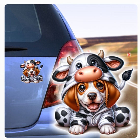 lustiger Basset Hound als Kuh verkleidet Autoaufkleber Sticker Auto Aufkleber Digitaldruck DA369