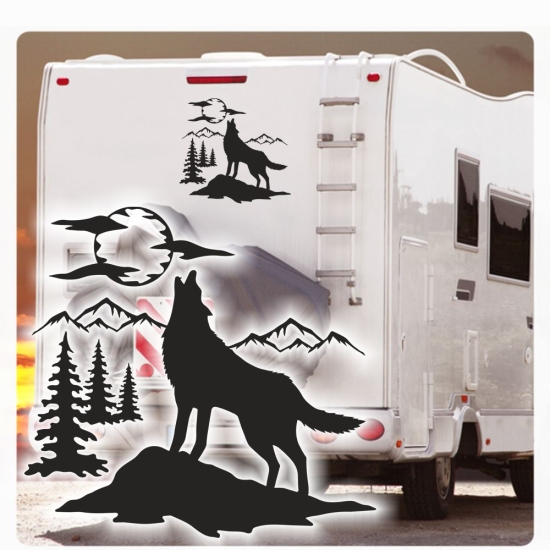 heulender Wolf Berge Mond Wohnmobil Aufkleber Caravan Sticker WoMo414