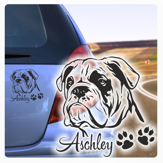 Autoaufkleber Englische Bulldogge Name clickstick Aufkleber Hund Pfoten A156