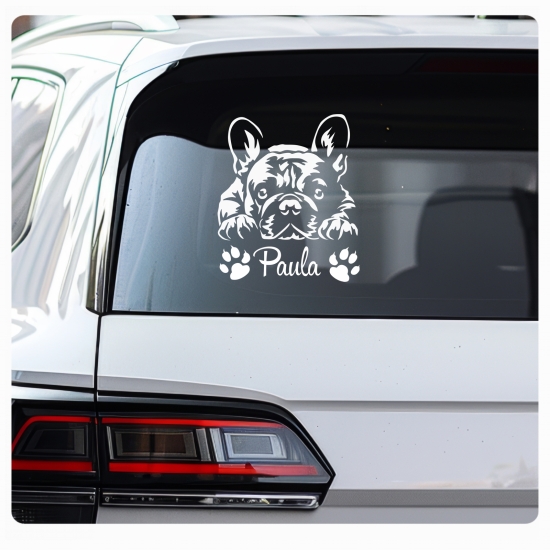 Französiche Bulldogge Autoaufkleber Aufkleber Wohnwagen Sticker Hunde Namen Pfote A4259