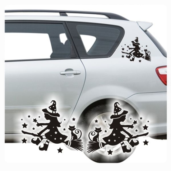 Auto Aufkleber Hexe Hexen Katze Sterne 2er SET Autoaufkleber Sticker clickstick A626