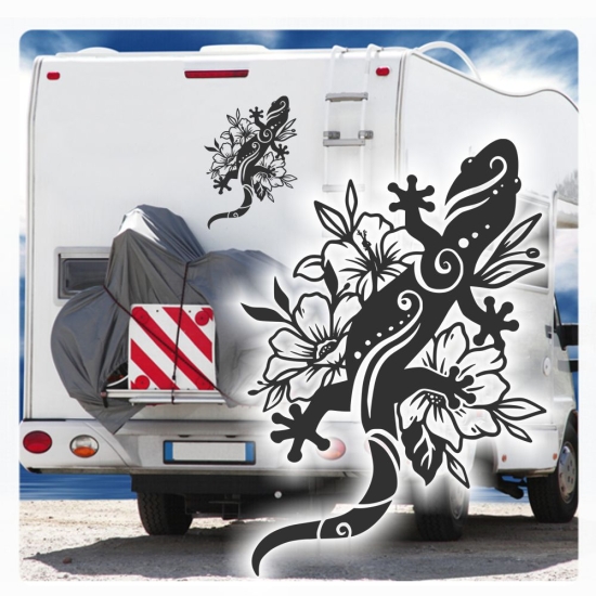 Wohnmobil Aufkleber Hibiskus Blumen Gecko Echse WoMo Caravan Aufkleber Sticker WoMo404