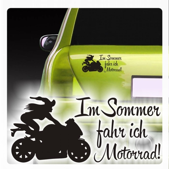 Aufkleber Im Sommer fahr ich Motorrad! Auto Sticker Hexe Autoaufkleber A2041