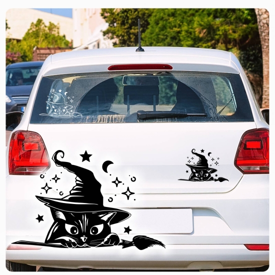 Katze Besen Hexenhut Sterne Hexe Aufkleber Autoaufkleber Sticker Aufkleber A971