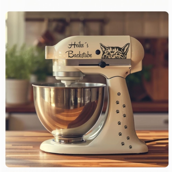 Aufkleber Sticker SET für Kitchen Aid Kitchenaid Wunsch Name Backstube neugierige Katze Tattoo KAA001