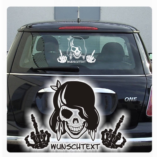 Autoaufkleber Lady Skull Totenkopf Stinkefinger Wunschtext Fuck You!  Heckscheibenaufkleber A760