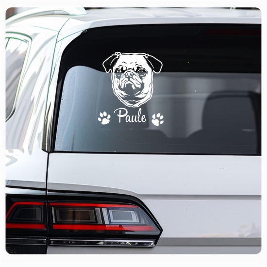 Hundeaufkleber Mops Wunschname Hunde Aufkleber Pug Sticker A275