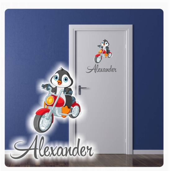 Türaufkleber Pinguin Bike Name Digitaldruck WandtattooTürtattoo Sticker DT077