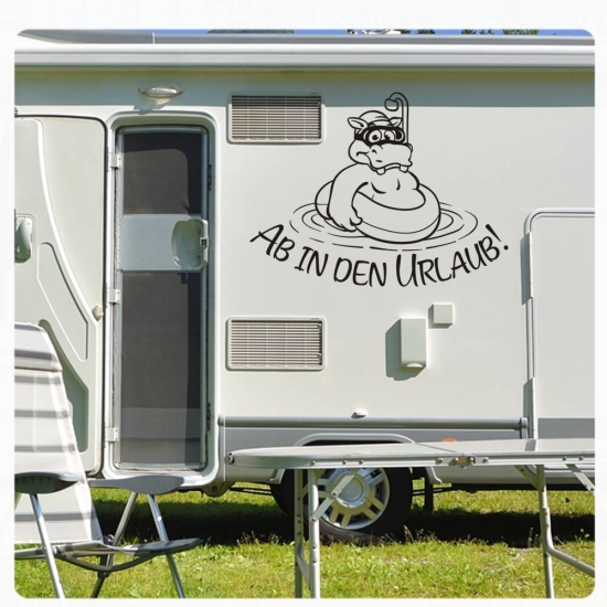 Ab in den Urlaub Nilpferd Wohnmobil Aufkleber Sticker Caravan Camping  WoMo244