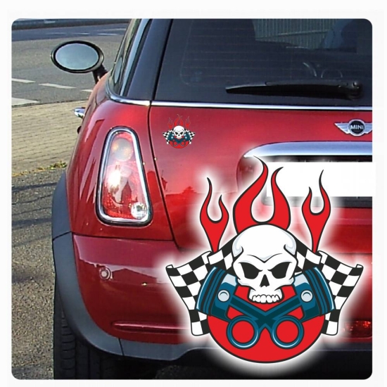 Auto Aufkleber Skull Race Flag Flames Rockabilly Sticker Digitaldruck DA025