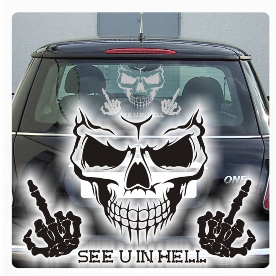 Auto Aufkleber SEE U IN HELL Skull Stinkefinger Totenkopf Knochen  Autoaufkleber clickstick A483