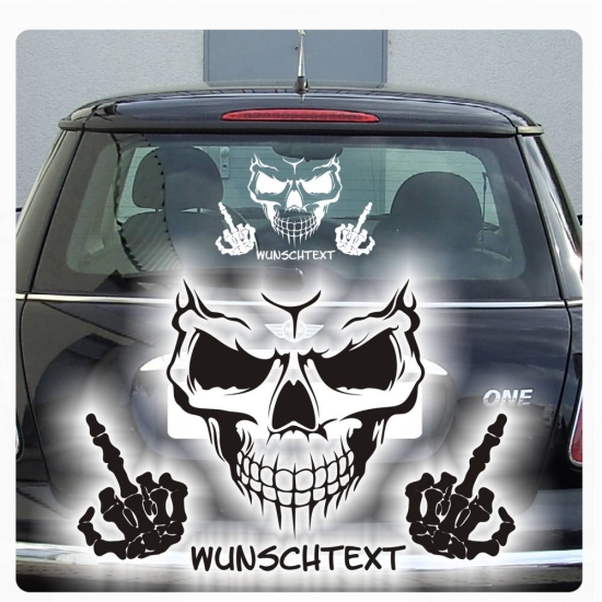 Autoaufkleber Skull Totenkopf Stinkefinger Wunschtext
