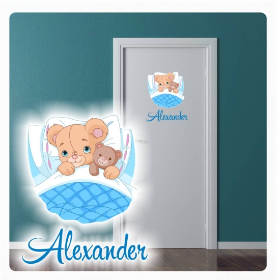 Türaufkleber Teddy Name Junge Bett blau Digitaldruck Wandtattoo Türtattoo DT033