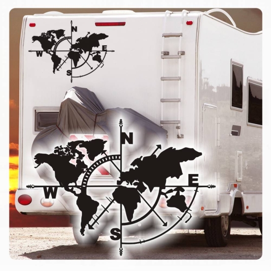 Weltkarte Kompass Rose Wohnmobil Aufkleber Wohnwagen Sticker WoMo261