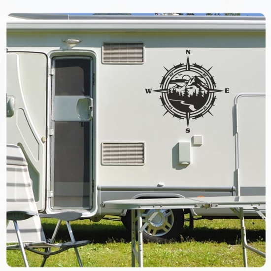 Kompass Rose Compass Berge Wald Fluss Wohnmobil Aufkleber Wohnwagen Caravan Sticker WoMo0485