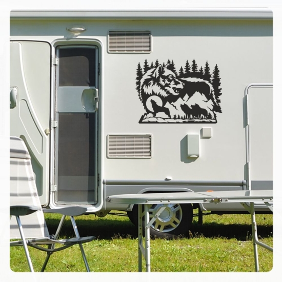 heulender Wolf Wölfe Mond Sterne Wald Wohnmobil Aufkleber Wohnwagen Caravan Wohnwagen Sticker WoMo422