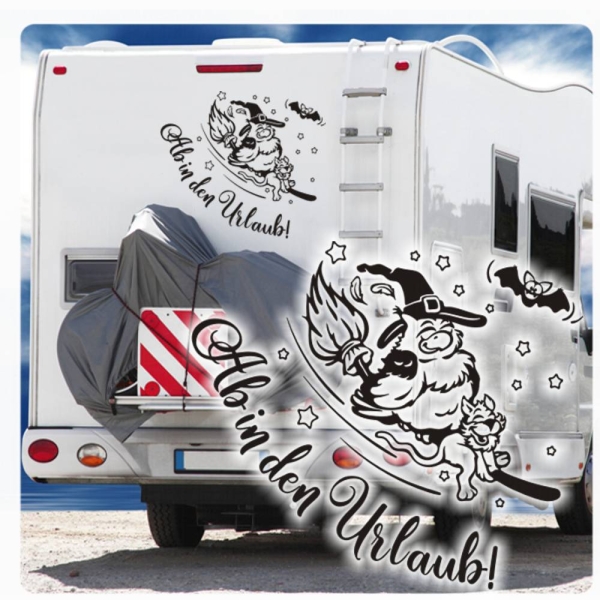 Wohnmobil Aufkleber Ab in den Urlaub Hexe Katze WoMo Caravan Aufkleber Sticker WoMo122