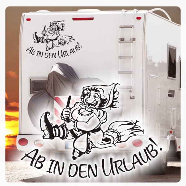 Ab in den Urlaub Hexe Besen Wohnmobil Aufkleber Sticker Caravan Camping WoMo164