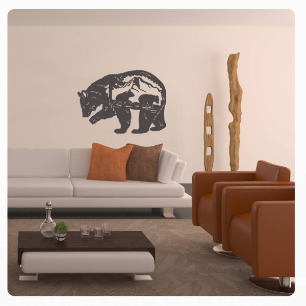 Bär mit Jungen Grizzly Wandtattoo Walltattoo Wandaufkleber W207