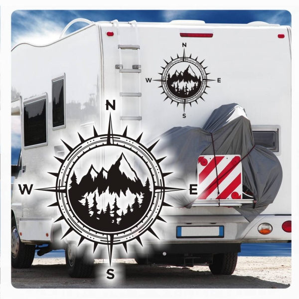 Berge Wald Kompass Rose Wohnmobil Aufkleber Wohnwagen Sticker WoMo248