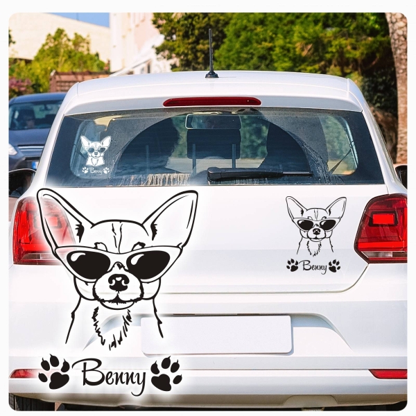 Auto Aufkleber Chihuahua Brille Cool Name Autoaufkleber Hund Pfoten clickstick A691