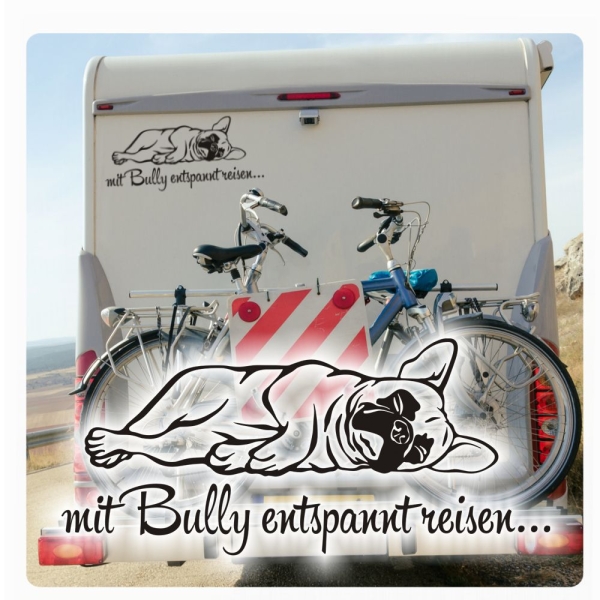 Französische Bulldogge entspannt reisen Auto Aufkleber Wohnmobil WOMO WoMo204