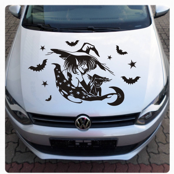 Hexe Katze Autoaufkleber Auto Aufkleber Motorhaube Fledermaus Sterne SET A085
