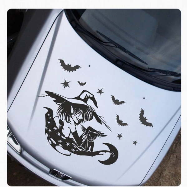 Hexe Katze Autoaufkleber Auto Aufkleber Motorhaube Fledermaus Sterne SET A085
