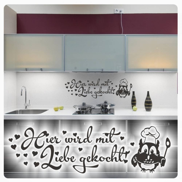 Wandtattoo Hier wird mit Liebe gekocht! Eule Herzen Kaffee Kochen Küche W1800