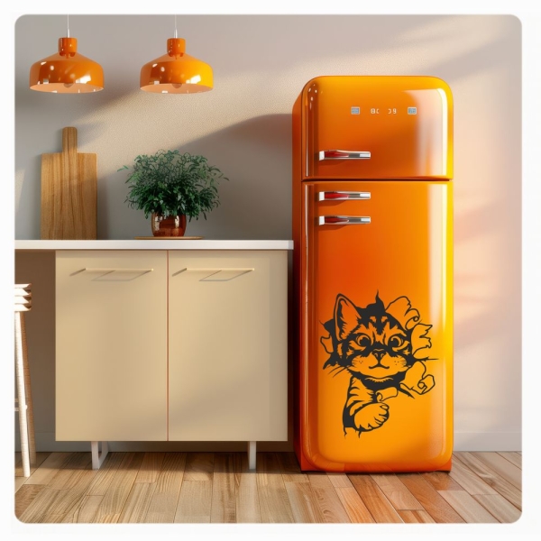 Katze Kitty schaut raus Kühlschrank Aufkleber Wandtattoo Küche Dekor Sticker K022