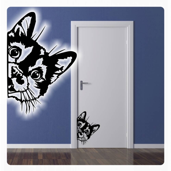 Katze Kitty Kätzchen schaut um die Ecke  Wandtattoo Türaufkleber Türsticker T824