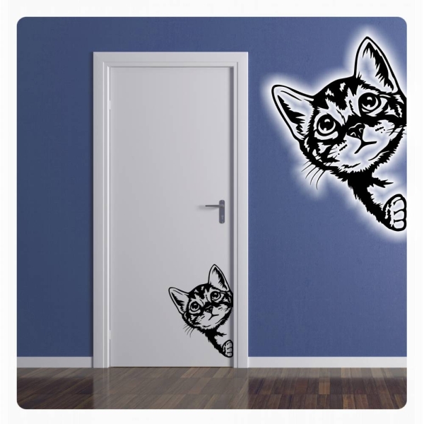 Katze Kitty Kätzchen schaut um die Ecke  Wandtattoo Türaufkleber Türsticker T829