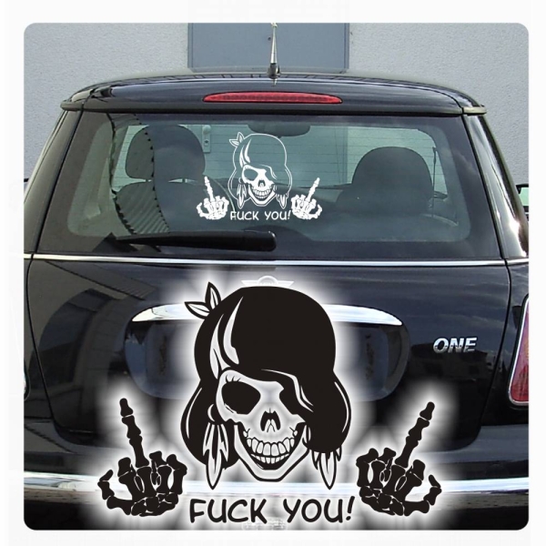 Autoaufkleber Lady Skull Totenkopf Stinkefinger Fuck You! Heckscheibenaufkleber A759