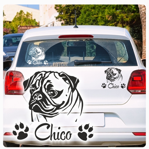 Hundeaufkleber Mops Pug  Name Autoaufkleber A337