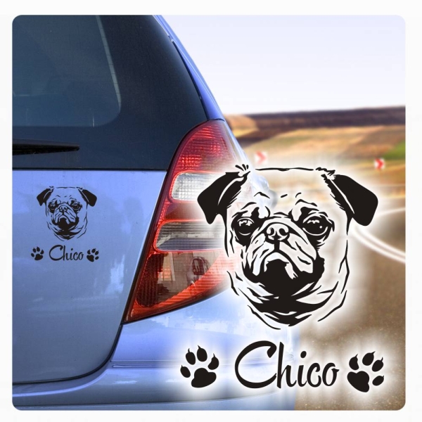 Hundeaufkleber Mops Wunschname Hunde Aufkleber Pug Sticker A275