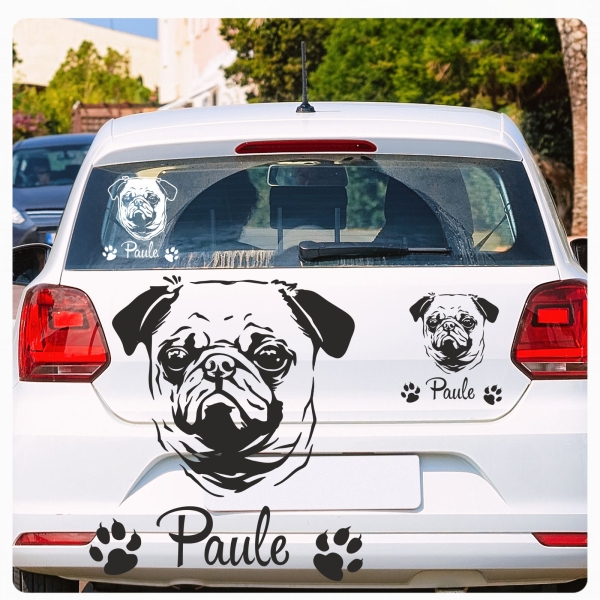 Hundeaufkleber Mops Wunschname Hunde Aufkleber Pug Sticker A275