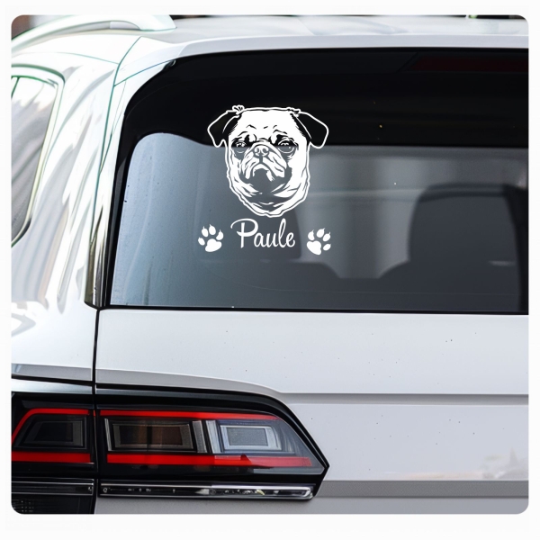 Hundeaufkleber Mops Wunschname Hunde Aufkleber Pug Sticker A275
