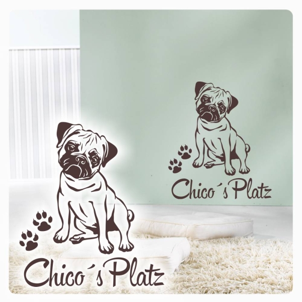 Mops Name Platz Pug Wandtattoo Wunschname Wandtsticker Wandaufkleber W4010