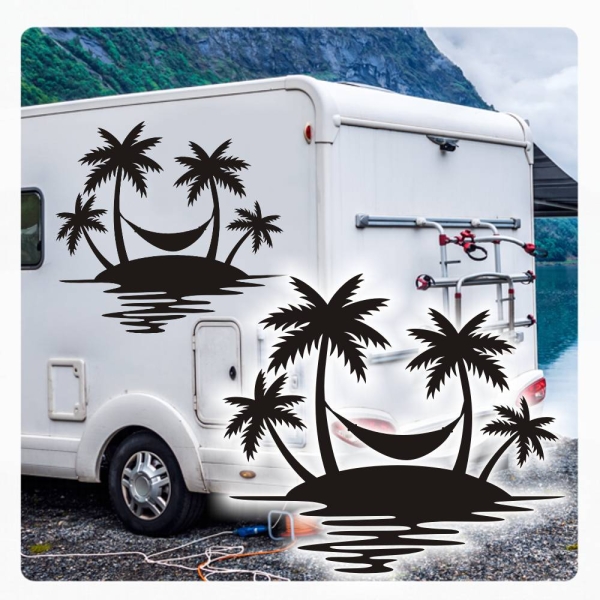 Wohnmobil Aufkleber Palmen Hängematte Sonnenuntergang WoMo Caravan Aufkleber Sticker WoMo209