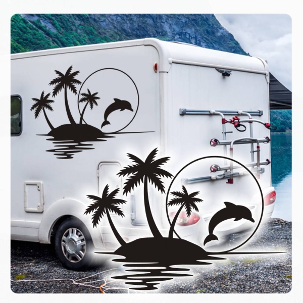 Wohnmobil Aufkleber Palmen Delfin Sonnenuntergang WoMo Caravan Aufkleber Sticker WoMo208