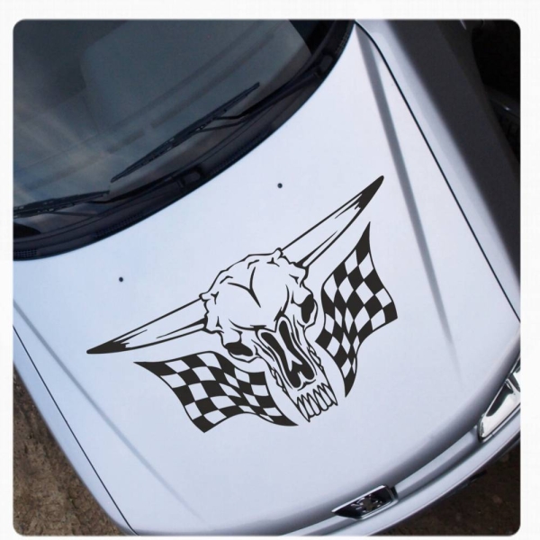 Auto Aufkleber Skull Stier Bull Racing Flag Flags Autoaufkleber Motorhaube A061