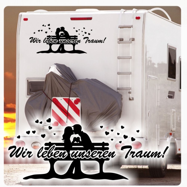 Wir leben unseren Traum! Paar Herzen Wohnmobil Aufkleber Wohnwagen Caravan Sticker WoMo483