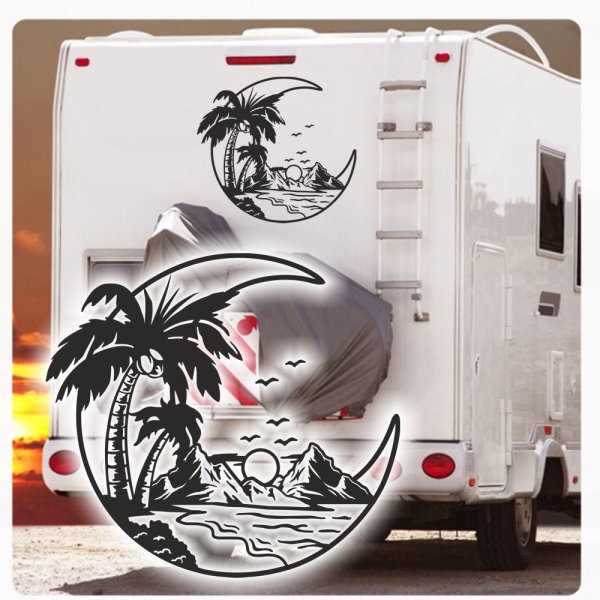 Mond Strand Berge Palmen Vögel Wohnmobil Aufkleber Wohnwagen Caravan Sticker WoMo491